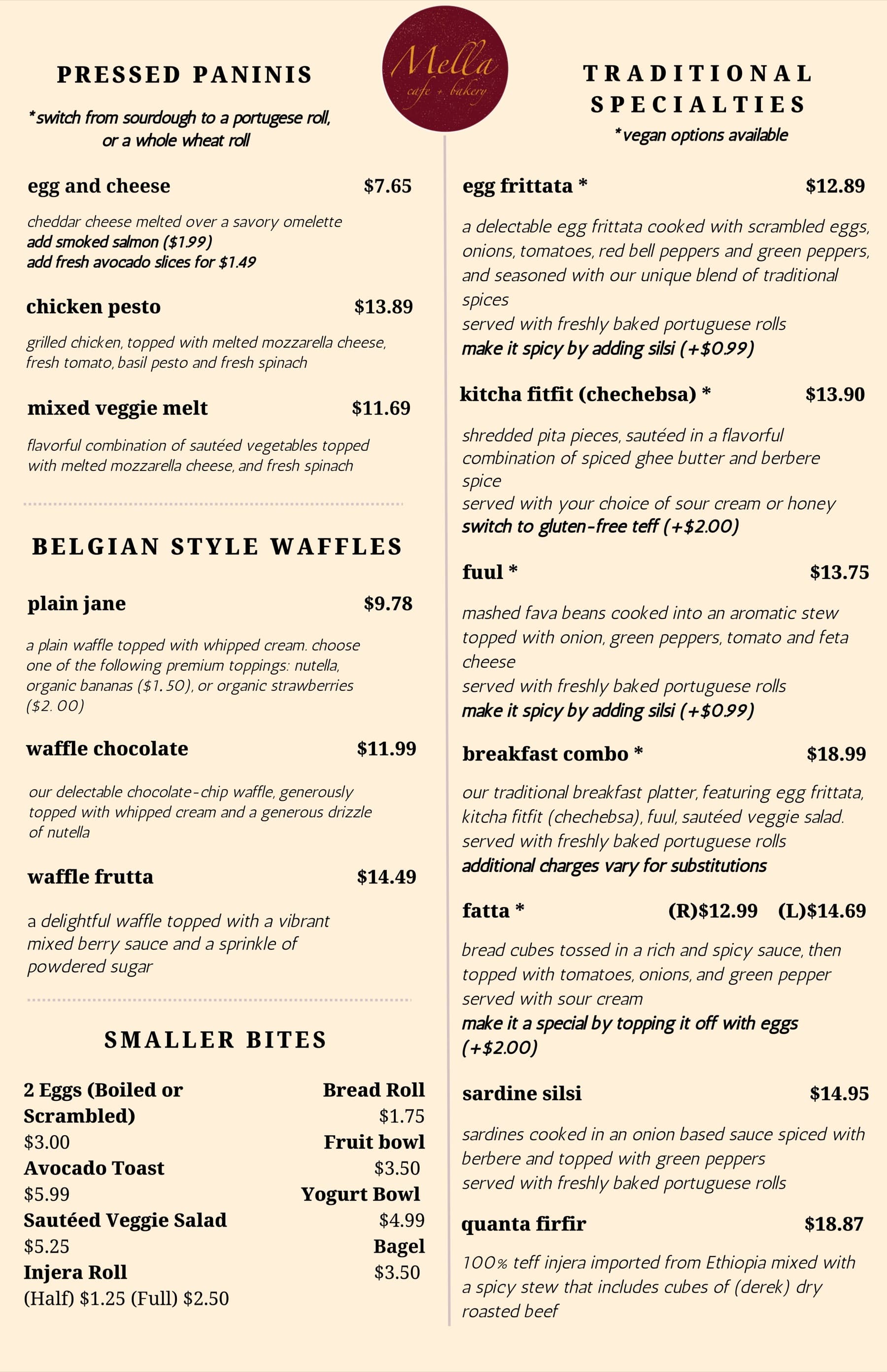 Mella Cafe Menu - Page 1